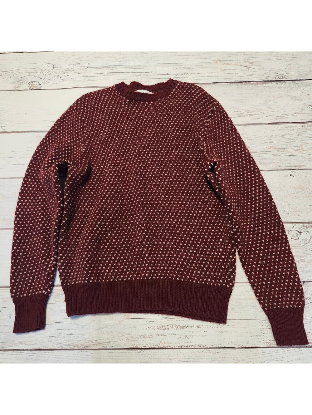 Woolrich Burgundy and Cream Patterned Wool Sweater Size Medium